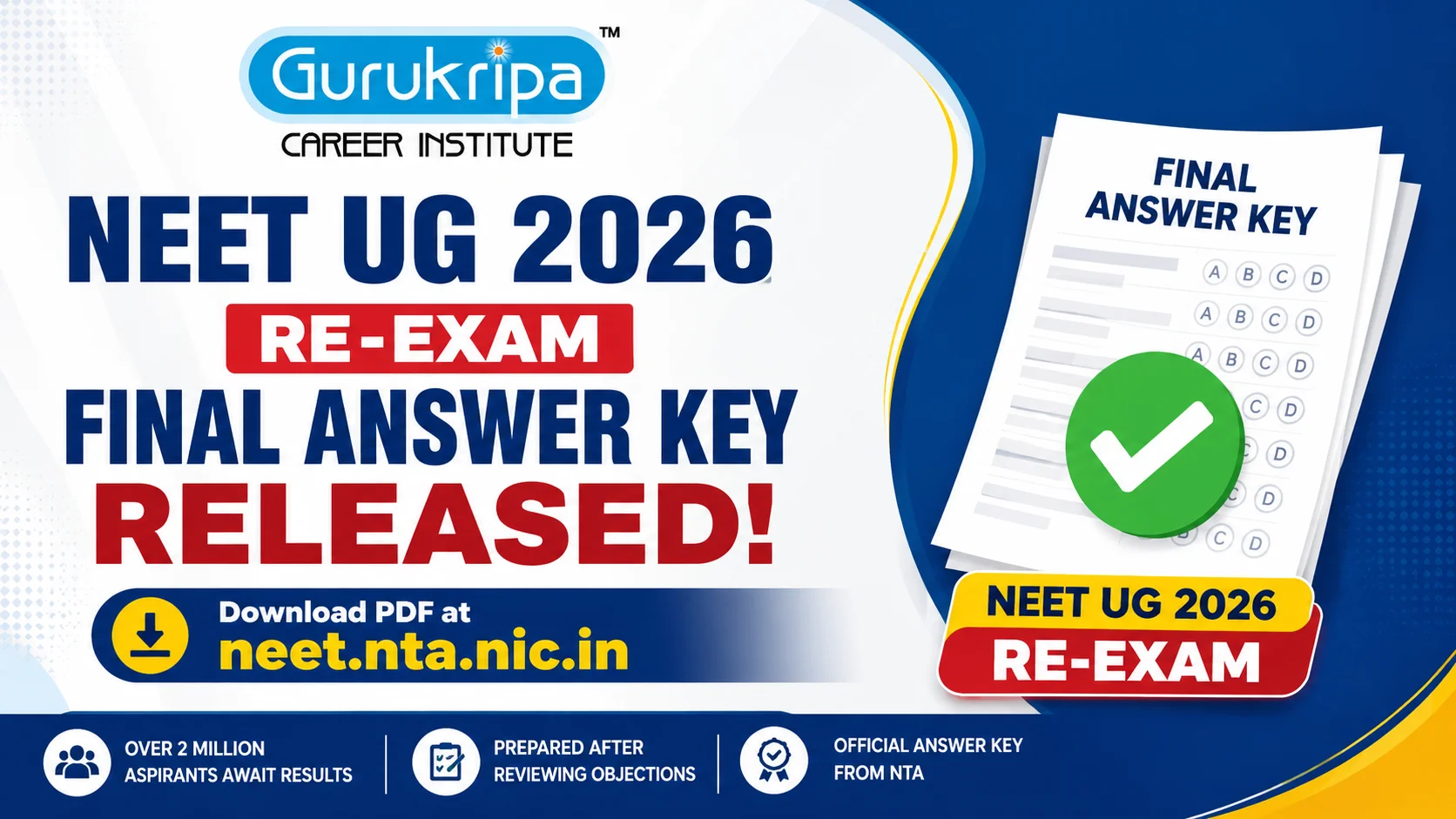 NEET UG 2026 Re-Exam Final Answer Key Released: Download PDF at neet.nta.nic.in